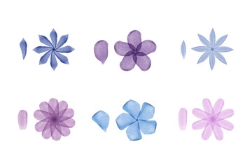 A collection of delicate watercolor flowers and petals in shades of blue and purple are displayed across a white surface. Different petal arrangements create unique floral designs.