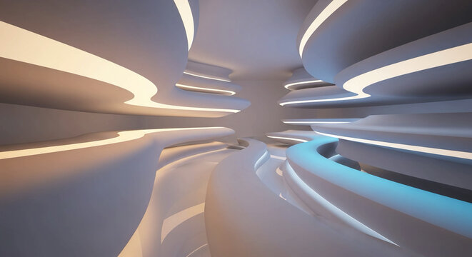 Futuristic interior with glowing curved lines on walls and ceiling in a sleek modern room with a sense of advanced technology and innovative design elements