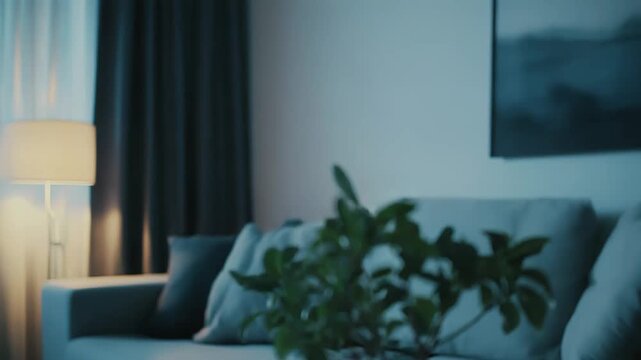 Potted plant creating a calming, natural atmosphere in a modern home, resting on a small table against a blurred background of a cozy sofa illuminated by a warm lamp light