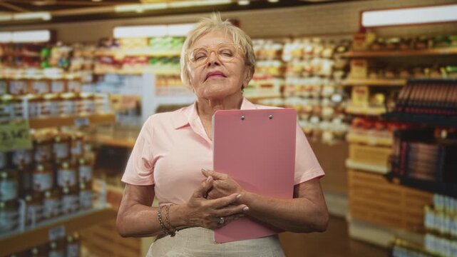 Senior hispanic woman in pink polo wearing glasses holding pink clipboard and clasping hands in supermarket building; quiet pride.