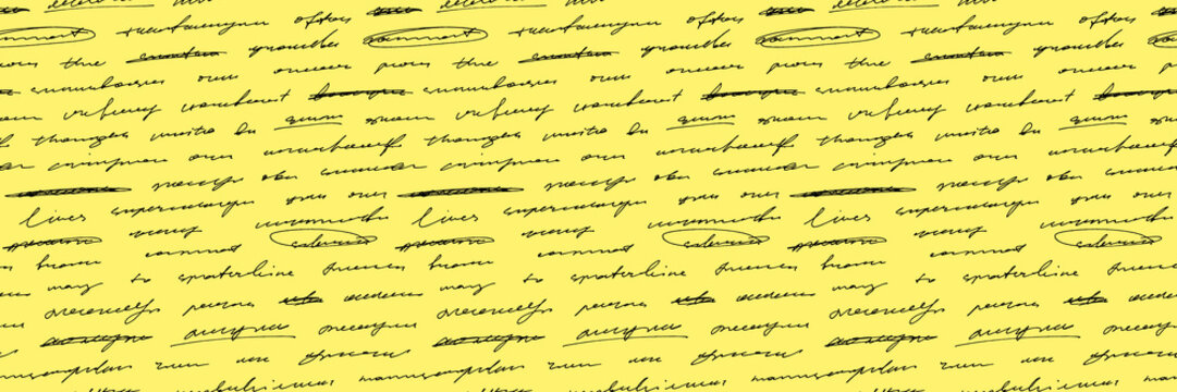 Yellow cursive text seamless pattern. Pen handwriting calligraphy background with strike through and emphasize words. Yellow bg with ball pen scribbles, script and illegible words. Poem pattern.