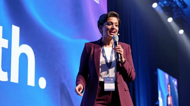 Woman speaker giving a presentation on stage at a business conference. Professional female executive talking into a microphone and gesturing. Leadership and communication concept