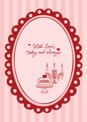 Valentine's Day Greeting Doodle Card with Elegant Oval Frame in Red and Pink