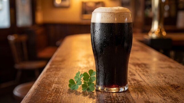 Pint of dark stout beer with creamy foam head on wooden pub bar counter. Shamrocks beside glass in cozy Irish tavern. St. Patricks Day tradition symbolizing luck and holiday celebration in