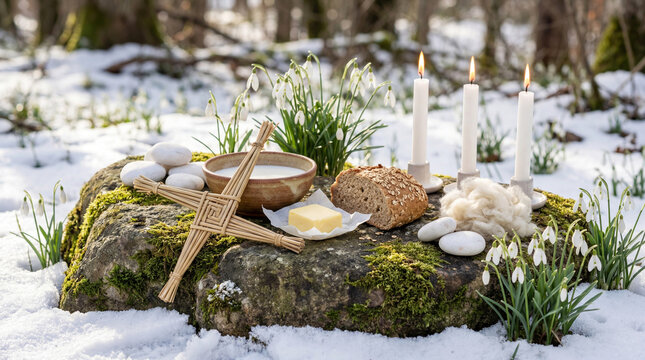 Outdoor Imbolc Altar with Brigid's Cross, Milk, Candles, and Snowdrops on Mossy Stone for Pagan Winter Rituals, Celtic Fire Festival, and Early Spring Spirituality Blogs