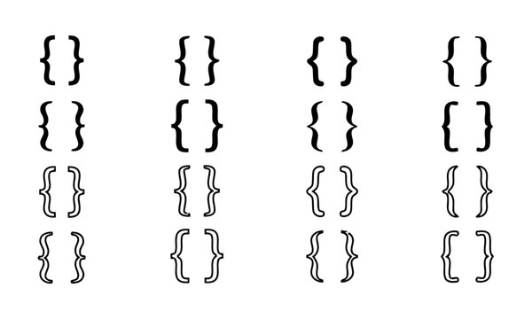 Collection of curly bracket symbols in various styles and sizes for design and decoration, graphic elements for web and print, simple and clean icons with clear outlines