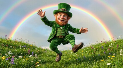 Leprechaun dancing joyfully under rainbow in green meadow. St. Patricks Day mythical Irish folklore character celebrating luck and holiday tradition. Dynamic 4k fantasy scene with vibrant colors and