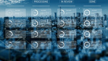 Naklejka premium Task management tool dashboard showing kanban-style workflow with columns for to do, in progress, in review, and done, including task cards, progress, and team icons Marrow