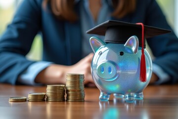Close-up of holographic piggy bank with graduation hat next to stacked holographic coins, standing in front of elegant businessperson.