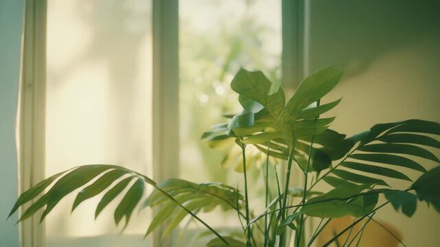 Lush green houseplants thriving indoors, positioned near a sunlit window, catching warm natural light, enhancing comfort, wellness, and a healthy living environment