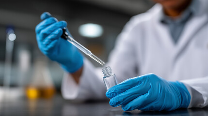 Laboratory scientist wearing a clean white lab coat and blue protective nitrile gloves working at a modern laboratory workstation, close-up view focused on gloved hands only with n