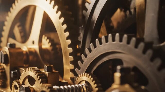 Close-up of intricate golden and silver clockwork gears meshing together, mechanical precision