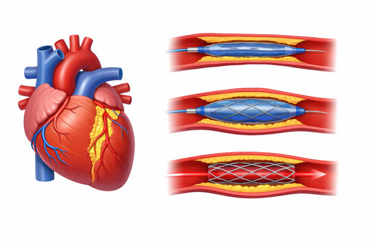 Angioplasty. Stent Implantation. Deflated balloon catheter inserted into a coronary artery narrowed by plaque. the balloon is inflated, compressing plaque against the artery wall