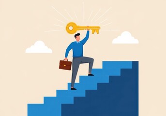 Businessman holding a giant key on stairs with clouds and sun