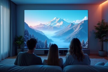 Gorgeous individuals in a futuristic living space use artificial intelligence to manipulate holographic displays, streaming a film against the backdrop of digital mountain vistas.