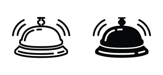 Concierge desk bell icons in outline and solid black styles, symbolizing service, reception, and requests, commonly used in hospitality and customer service contexts.