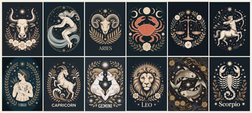 Set of 12 decorative zodiac cards in ornate art nouveau style with gold, coral, and cream tones on black background, perfect for astrology, horoscopes, and mystical designs.