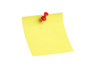 A single yellow sticky note is pinned with a red pushpin ideal for design projects on transparent background