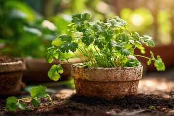 Fresh organic coriander leaves flourish in a garden with sunlight shining on the vibrant green foliage and earthy soil