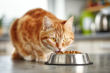 Fototapeta premium Curious cat enjoying dry food from a stainless steel bowl in a cozy kitchen setting during daytime hours