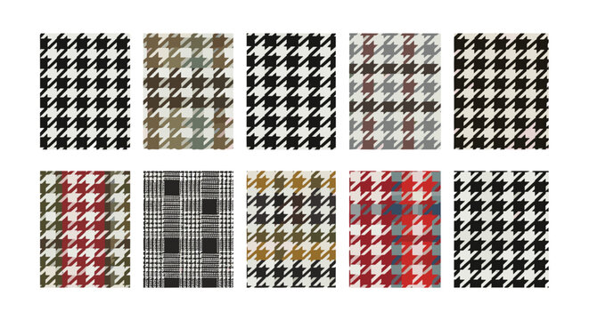 Collection of various houndstooth and plaid fabric patterns for design