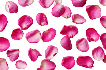 Fototapeta premium Pink rose petals, outlined in magenta, scattered on black background