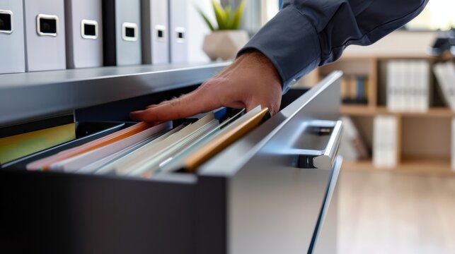 A hand reaches into a filing cabinet drawer filled with colorful folders. The background features office supplies and a plant, creating a professional workspace atmosphere.