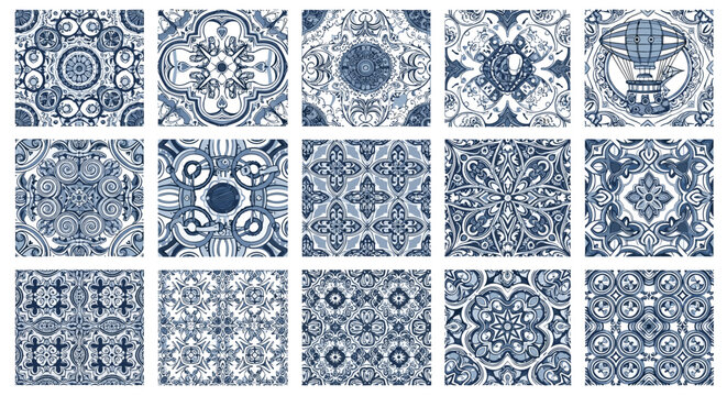 Collection of intricate blue and patterned tiles for design