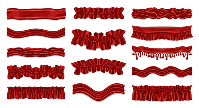Collection of red fabric ruffles and trims with various textures