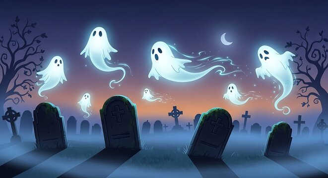 Spooky Graveyard with Ghosts at Night.