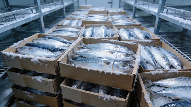 Cold storage room filled with fresh fish in boxes surrounded by ice. Cold storage showcases neatly organized fish packed in containers.