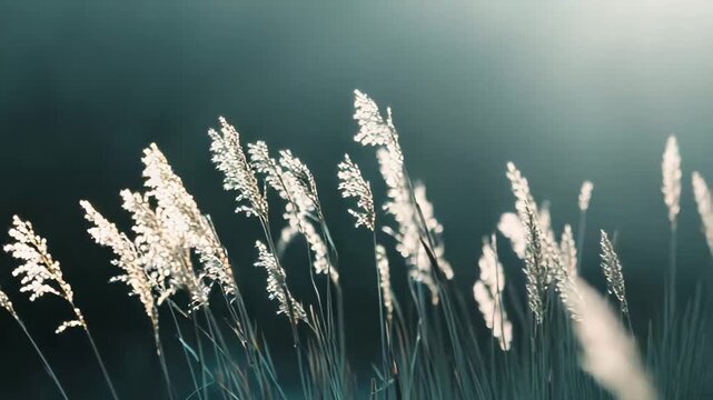 Tall reeds backlit by the setting sun, golden blades and silhouettes against a dark, moody background, evoking tranquil, atmospheric wetland beauty and quiet evening calm