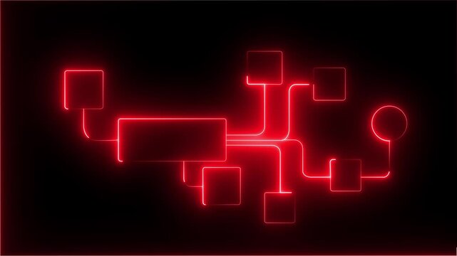 Glowing neon line banner of digital marketing concept with icons of branding, advertising, SEO, social media, devices, internet and target Business process and workflow automation with flowchart