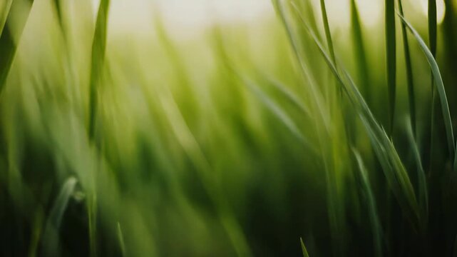 Lush green grass blades standing against a soft, bright background, creating a natural and tranquil scene capturing growth, freshness, and the essence of nature