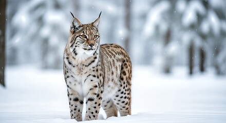 Obraz premium A majestic lynx standing in the snow-covered forest, gazing directly at the camera lens with a serene winter landscape unfolding behind