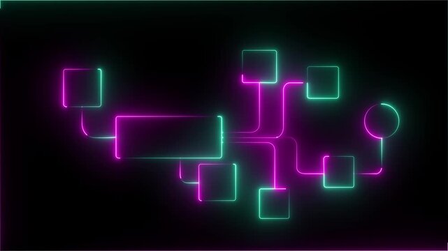 Glowing neon line banner of digital marketing concept with icons of branding, advertising, SEO, social media, devices, internet and target Business process and workflow automation with flowchart