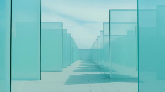 Transparent teal glass panels form a complex architectural maze, guiding the viewer through a modern, abstract pathway with linear patterns and atmospheric perspective along the repeating structure