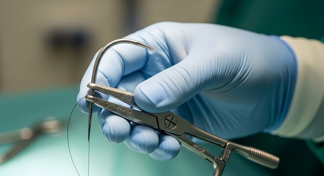 Surgeon holding surgical forceps with suture thread.
