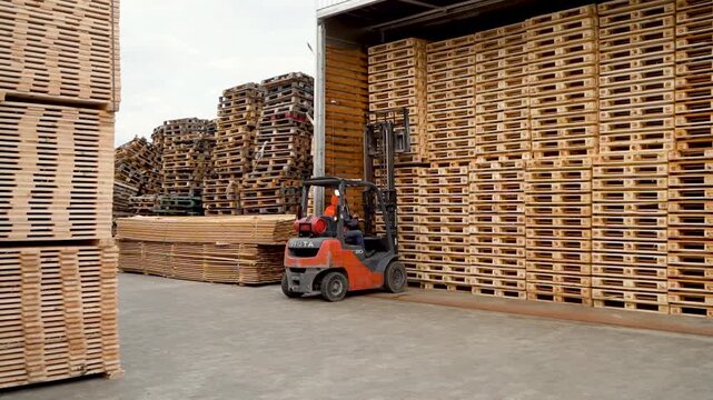 Production of pallets. Warehouse of pallets at the factory. Professional industrial drying of finished pallets for preparation for sale