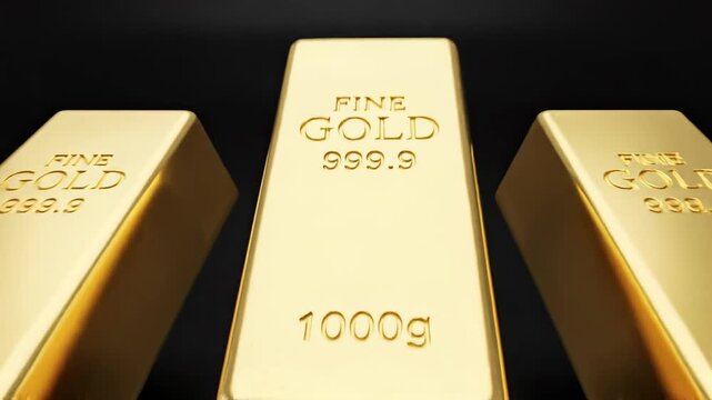 Gold bars with fine gold text and 1000g weight shown on a black background. Spectacular motion animation of investment and wealth protection, bank deposits, secure storage, growth of stocks.