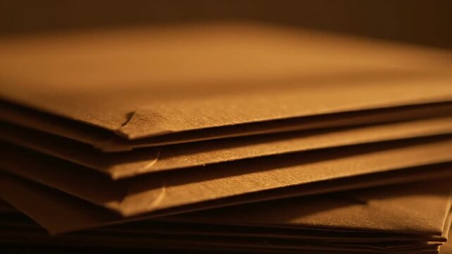 Stack of brown envelopes with warm lighting and subtle textures