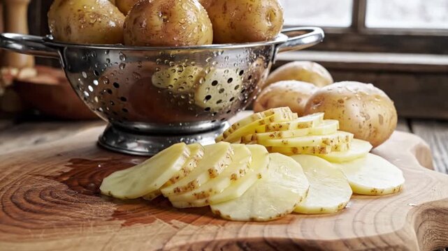 Closeup of sliced raw potatoes on a wooden board next to a colander filled with whole potatoes