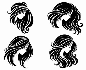 Obraz premium Four elegant female head silhouettes with long flowing hair in different styles. Black beauty salon vector set for fashion branding, hairstyle design, glamour, and modern elegance on white.