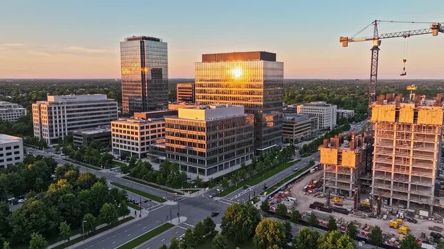Aerial view of urban construction at sunset