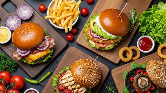 Overhead shot of various gourmet burgers, fries, and condiments on wooden boards