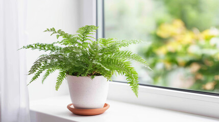 Fototapeta premium Potted fern plant decorating a clean windowsill. Bright natural light creates a peaceful and refreshing indoor environment