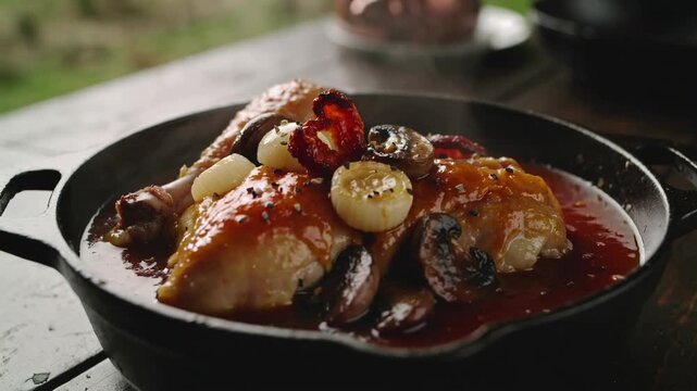 Roasted coq au vin french dish with Mushrooms and Onions in Skillet Pan