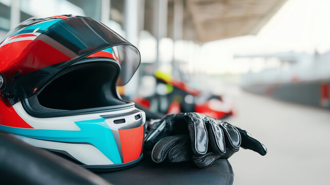 Helmet and racing gloves placed on a kart seat, a motorsport vehicle blurred in the background, a moment of pause before exhilarating speed
