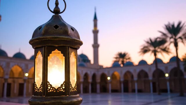 Beautiful Islamic Lantern and Mosque at Sunset.