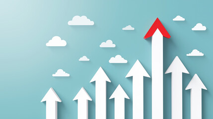 Upward arrows representing growth and development, with a red tipped arrow leading towards achievement in the sky